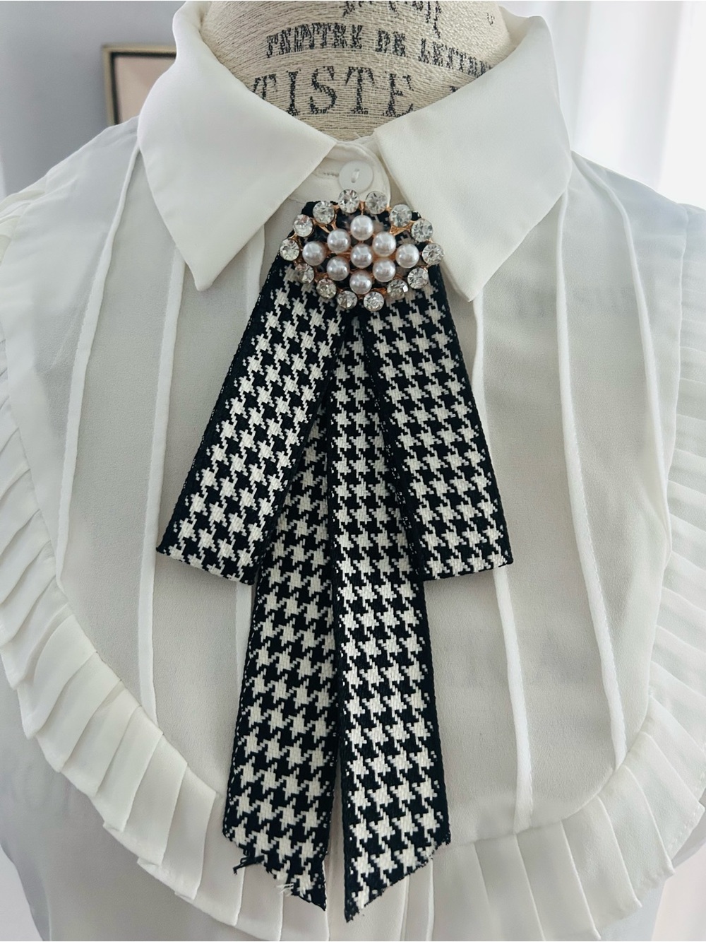 Fashion Nova White Ruffle Collar Blouse with Houndstooth Bow Accent - Picture 4 of 10